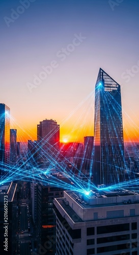 Glowing blue lines of data connectivity link sleek architectural structures in a sunset cityscape with a cinematic shallow depth of field, wireless, abstract, energy