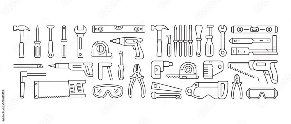 Obraz premium Hand tools and power equipment icons. for construction and home repair on white background.