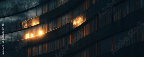 Dramatic rim-lit glass facade with deep shadows and warm highlights 32k ultra HD