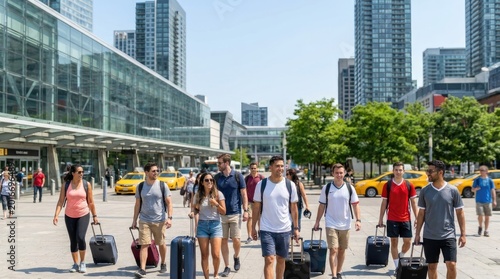 A group of people walking with luggage in an urban area near an airport or train station with yellow taxis and modern buildings in the background
