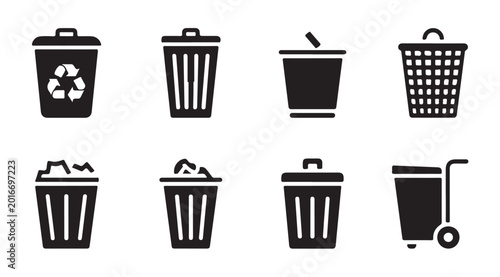 Tableau sur toile Assortment of trash bin icons, recycle symbols, and waste containers