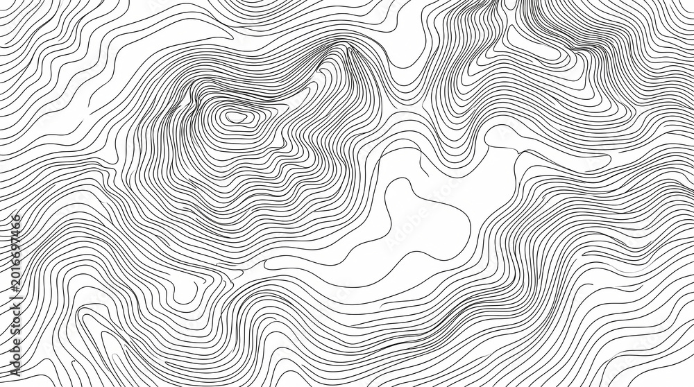 A seamless black and white vector illustration of intricate, flowing contour lines forming an abstract topographic map pattern on a clean white background.