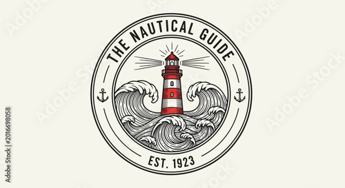 Lighthouse on waves nautical guide logo.
