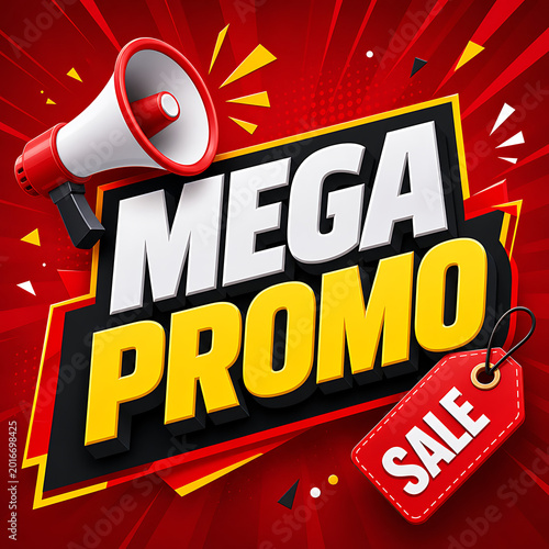 Mega promo sale advertisement with megaphone and tag