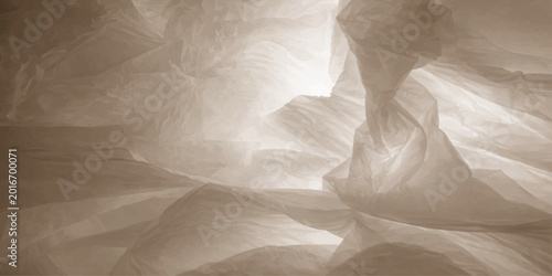 A vintage brown parchment sheet featuring a wrinkled and crumpled paper texture with a rough creased surface and torn edges over a grunge fabric material backdrop