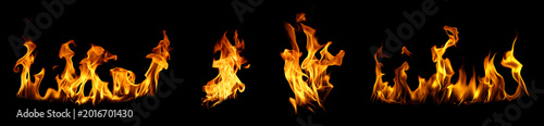 Фотография Collection of realistic fire flames isolated on black background featuring blazing heat burning texture and dynamic fire shapes Ideal for overlays cinematic effects, energy themes and design elements