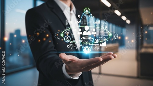 Professional presenting advanced digital connectivity and strategic network solutions, symbolizing secure operational systems for future business growth and innovation