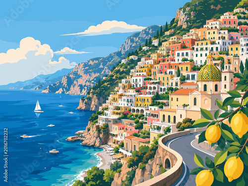 Postcard illustration of Amalfi Coast hillside town with colorful buildings, sea view, curving road and lemon tree accents.