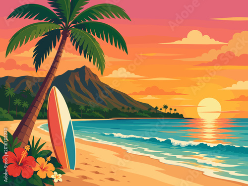 Postcard illustration of Hawaiian beach with surfboard, palm tree, volcanic mountain and sunset glow in a cheerful travel design.
