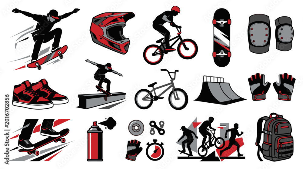 Fototapeta premium Extreme Sports Vector Icons: Skateboard, BMX, Helmet, Gear Backpack