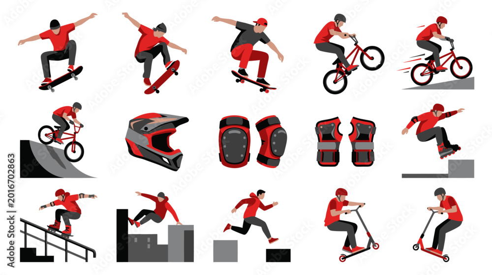 Fototapeta premium Extreme Sports Vector Icons: Skateboarding, BMX, Scooter, Rollerblading, Parkour