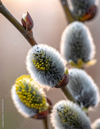 A close-up of a branch with several fluffy catkins