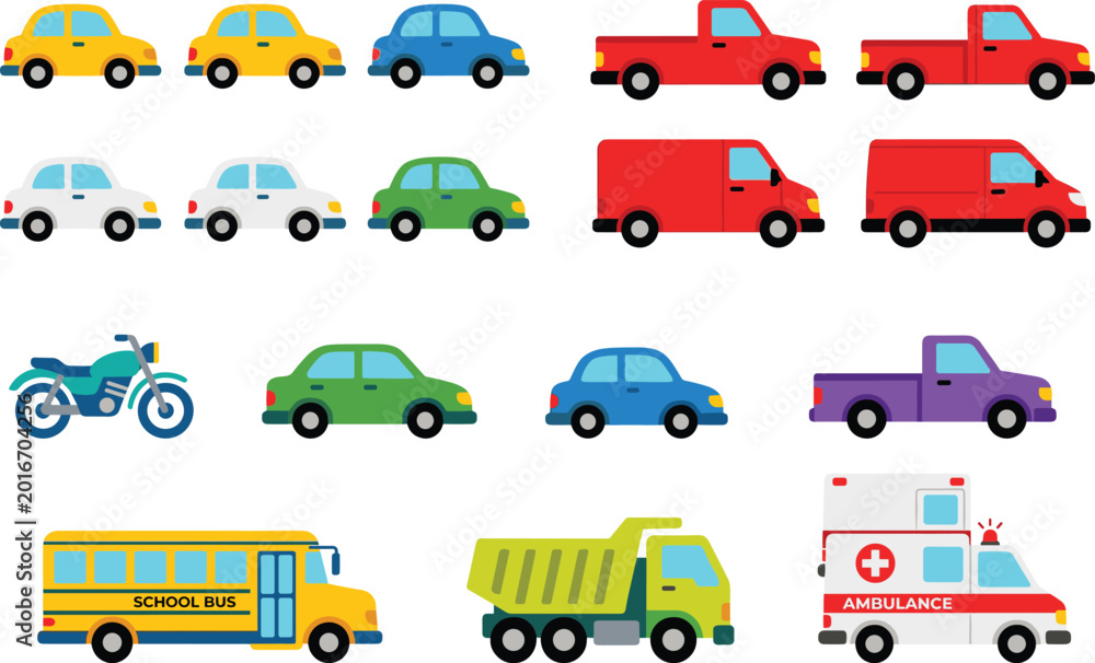 Naklejka premium Colorful cartoon transportation vehicle set with cars trucks bus ambulance motorcycle and delivery van icons