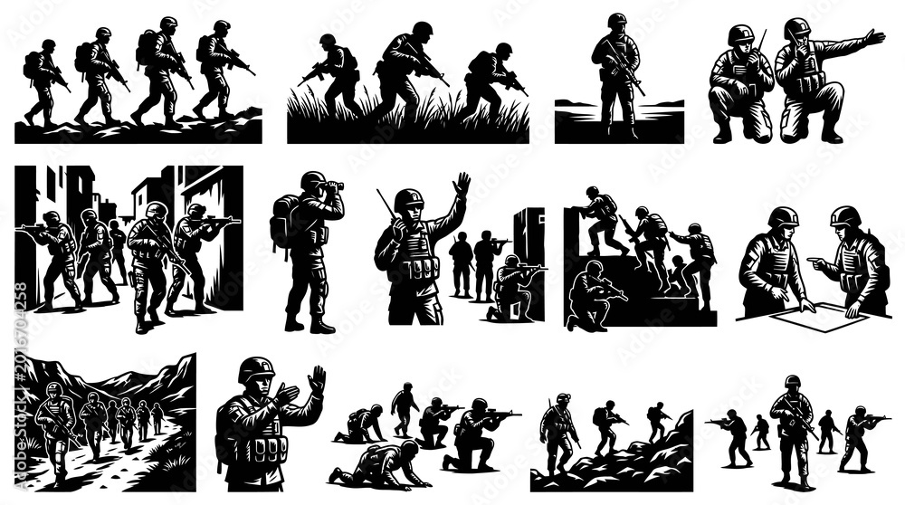 Naklejka premium Military Soldiers Vector Set, Black and White Action Poses