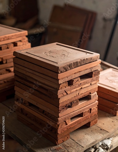 Stack of wooden pallets in workshop.