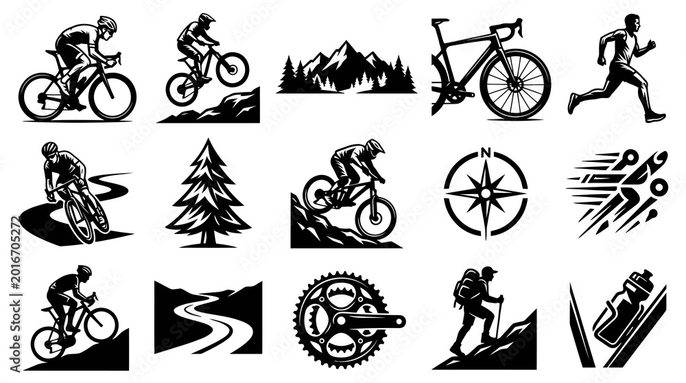 Fototapeta premium Black and White Vector Icons Set: Cycling, Hiking, Running, Mountains, Compass