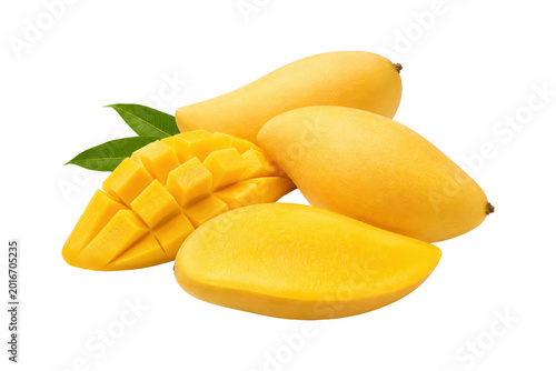 Fresh golden Nam Dok Mai mangoes with sliced juicy flesh and green leaves isolated on a light background, tropical fruit concept for healthy eating and summer freshness