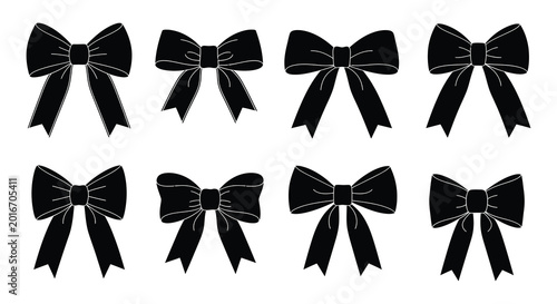 Collection of black ribbon bow shapes decorative silhouette
