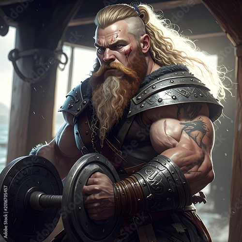 Viking warrior lifting heavy dumbbell weights.