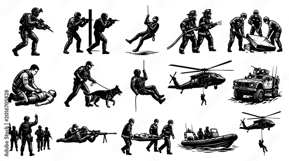 Fototapeta premium Black and White Vector Art of Military and Rescue Operations