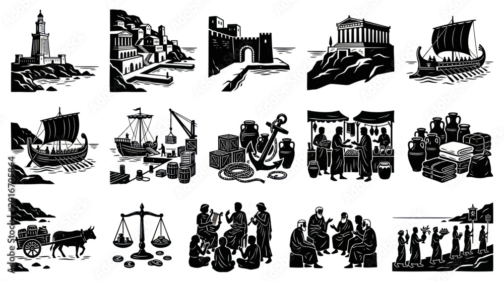 Fototapeta premium Ancient Greek Scene Icons: Black and White Vector Art for History and Travel