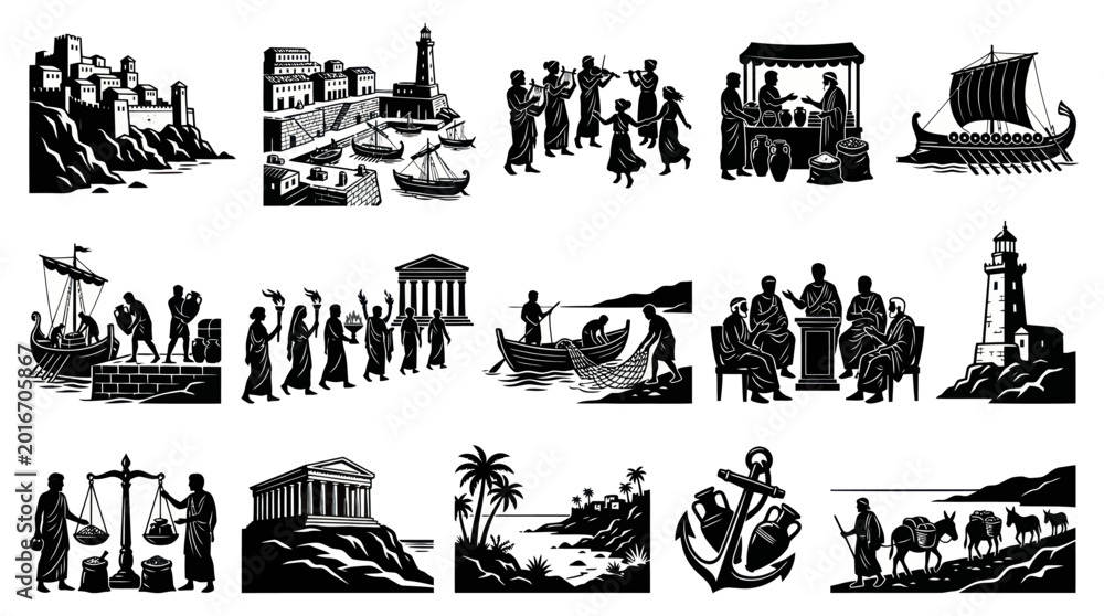 Obraz premium Ancient Greek Life: Silhouettes of City, Ships, Market, People, Lighthouse, Anchor