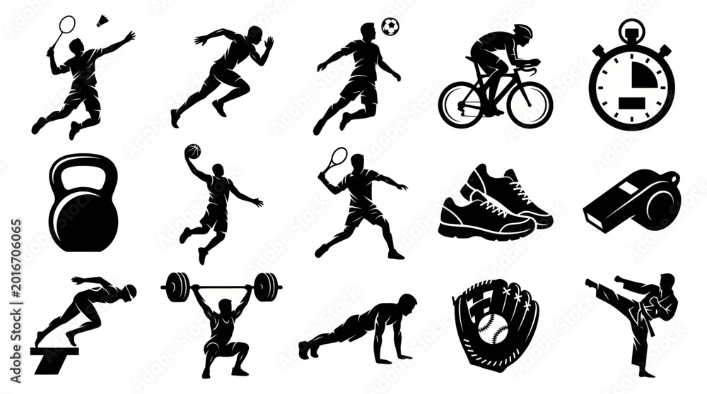 Obraz premium Sports and Fitness Black and White Glyph Icons. Active Lifestyle Silhouettes Collection for Exercise Training.