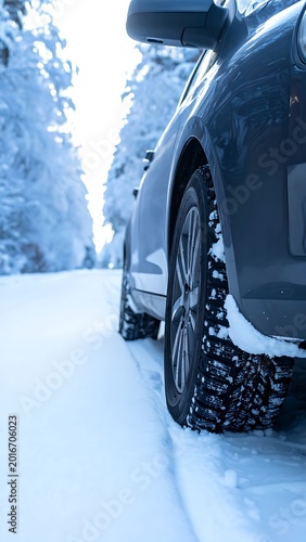 A close-up of a car's side and wheel on a snowy road