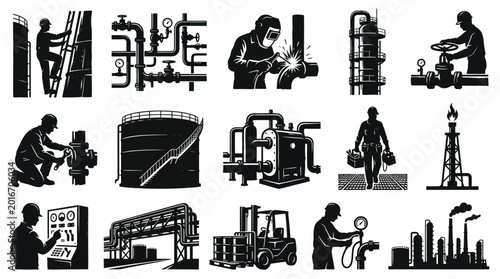 Industrial and Oil Gas Manufacturing Black  White Glyph Vector Icons Set with Workers  Production Equipment