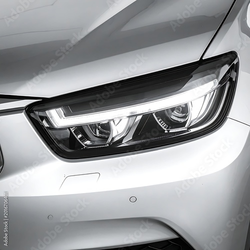 A close-up of a car's sleek headlight and front end
