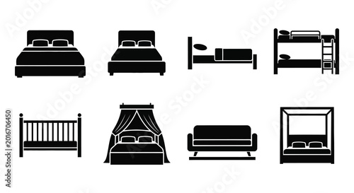 Schilderij op canvas Variety of bed silhouettes on a white background silhouette