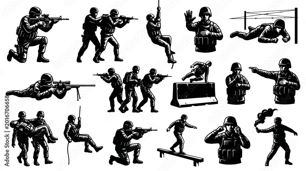 Fototapeta premium Black and White Vector Illustrations of Soldiers in Action, Military Theme