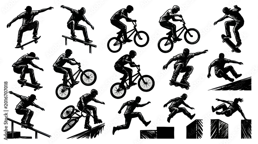 Naklejka premium Black and White Line Art of Extreme Sports Athletes Performing Tricks on Skateboards and Bikes