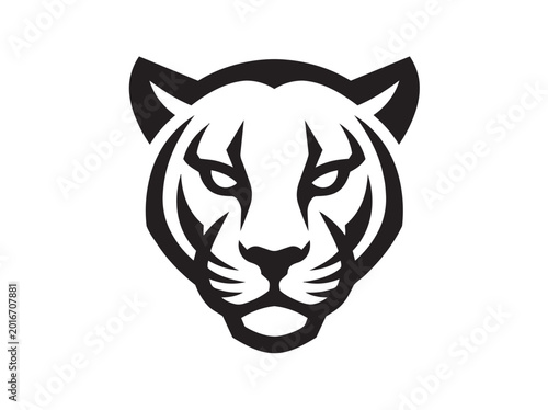 Minimalist tiger head vector logo, black and white wild cat mascot icon, stylized predator face illustration for sports branding and apparel