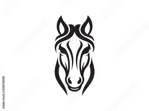 Stylized horse head logo vector, tribal stallion portrait illustration, black and white equine mascot icon for equestrian branding and sports