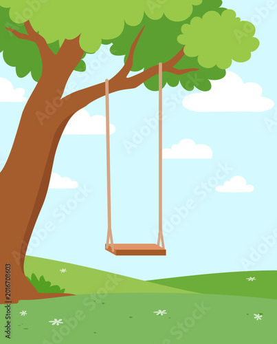 Wooden swing hanging from a large tree branch in a tranquil green park under a bright blue sky with white clouds