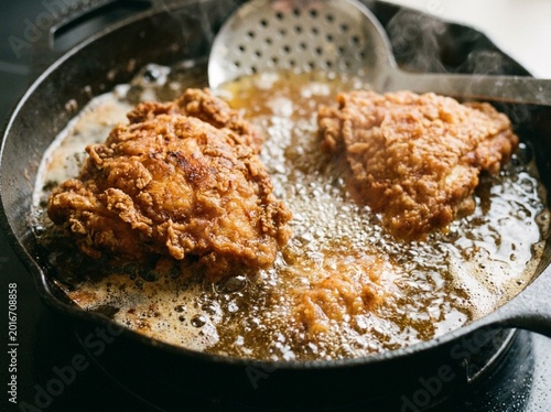 close view of chicken pieces deep frying in pan with sizzling oil. Sizzling Fried Chicken & Food Photography