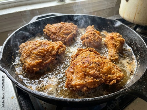 close view of chicken pieces deep frying in pan with sizzling oil. Sizzling Fried Chicken & Food Photography