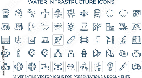 Water Infrastructure Icons, Vector Illustrations, 45 Versatile Symbols, Blue Graphics