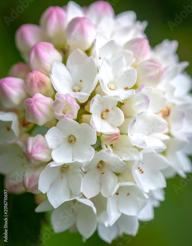 A close-up of a cluster of white flowers with pink buds