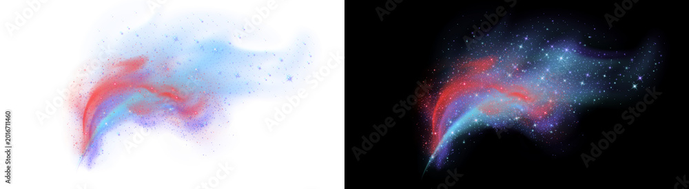 Fototapeta premium PNG image of Cosmic nebula dust cloud with glowing stars, ethereal blue and red smoke trail, magical energy burst for sci-fi and fantasy backgrounds isolated on Transparent Background