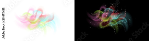 PNG image of Abstract colorful smoke waves with glowing particles, vibrant fluid motion curves, ethereal rainbow light trails for creative design projects isolated on Transparent Background