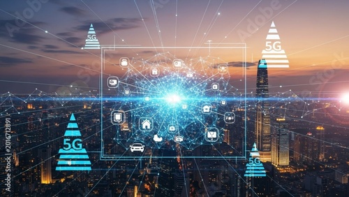 Connected Cityscape with 5G Network and Futuristic Technology Overlay
