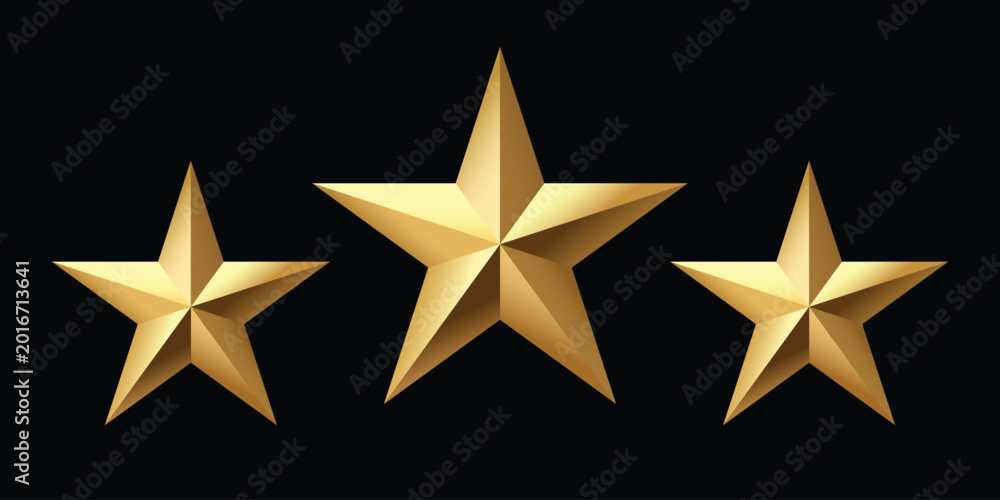 Obraz premium Modern geometric golden star icon collection with metallic gradient effect. Elegant decorative symbols isolated on blackblack background. Ideal for branding, logos, certificates, holiday graphics, web