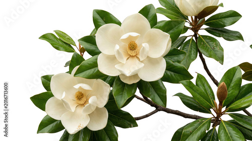 Magnolia grandiflora blossoms with glossy green leaves, elegant white southern magnolia flowers on branch, botanical floral background isolated on white