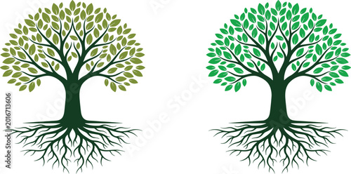 Принти на полотні Two Green Tree Icons with Intricate Branching and Detailed Root Systems for Envi