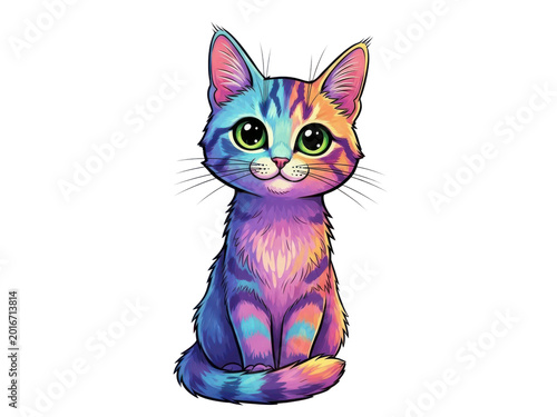 Vibrant feline portrait with rainbow colors and glowing eyes
