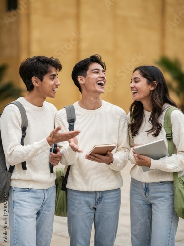 Group of three young students laughing and talking outdoors for university prospectus, higher education recruitment and youth lifestyle marketing campaign