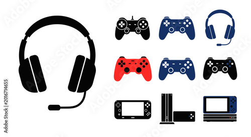 Fotografie Gaming Accessories Collection: Headphones, Controllers, Console, Laptop