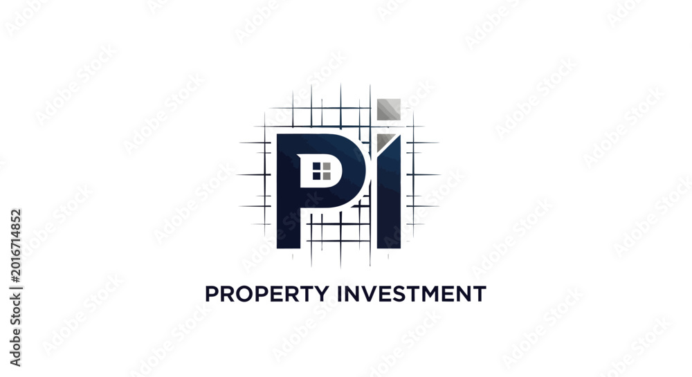 Fototapeta premium Property Investment Logo with House Icon and Blueprint Grid